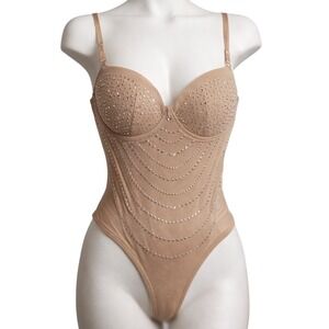 Tan Rhinestone Studded Mesh Bodysuit 2XL Fits Size L‎ Underwire V-Neck